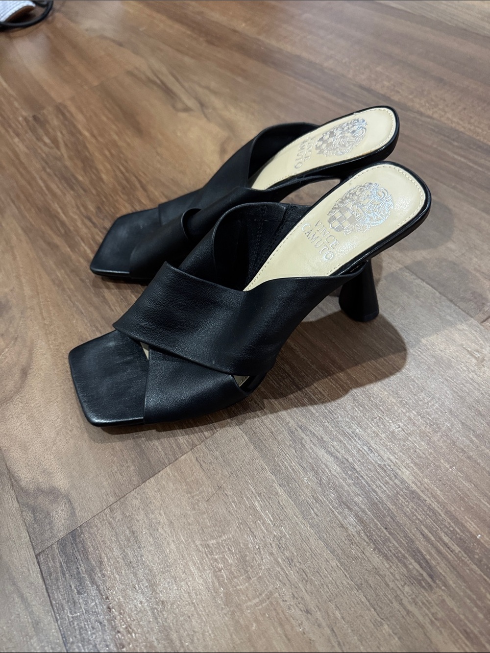 Vince Camuto Black Leather Crisscross Block Heel Mules